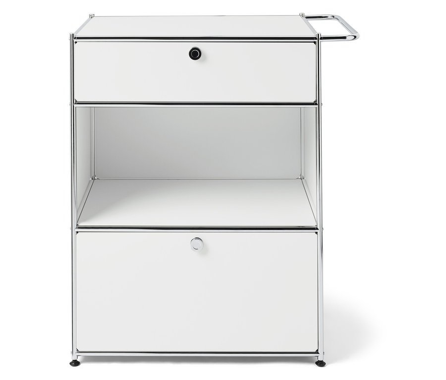 Weißes modulares Aufbewahrungssystem mit zwei Schubladen und einem offenen Regal.