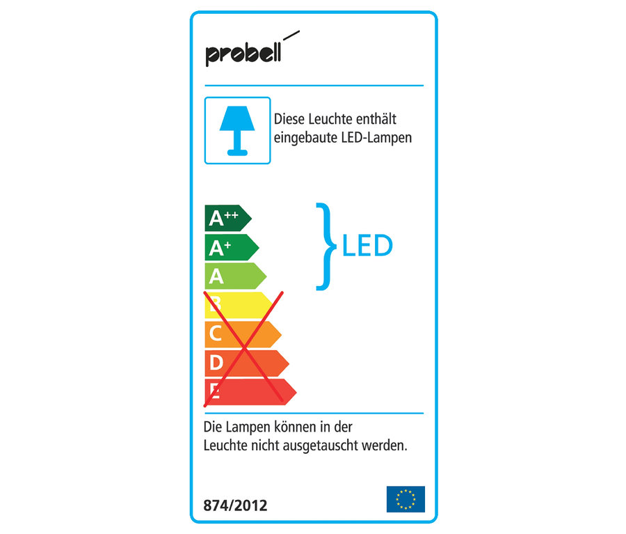 Ein Energieetikett mit dem Probell-Logo, den Klassen A++ bis E, wobei die Klassen B bis E rot durchgestrichen sind. Text: Diese Leuchte enthält eingebaute LED-Lampen.