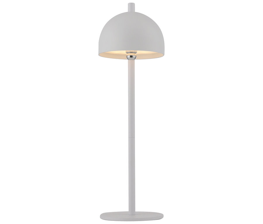 Weiße Stehlampe mit rundem Lampenschirm.