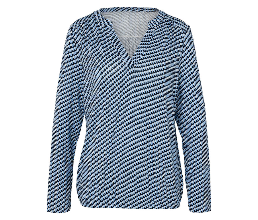 Blau-weiß gestreiftes Langarmshirt mit V-Ausschnitt.