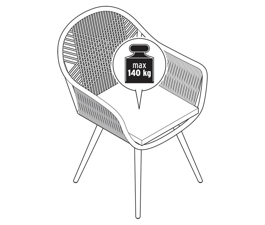 Schwarz-weiss Illustration eines drehbaren Dining-Sessels mit Textilgeflecht und einem maximalen Gewicht von 140 kg.