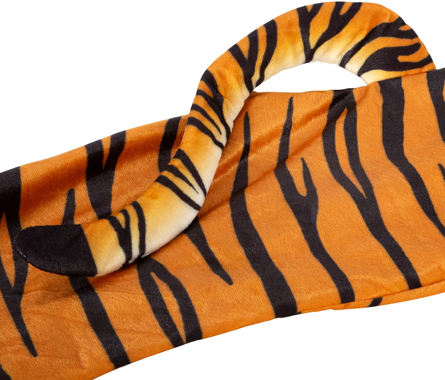 Detailaufnahme vom small foot Kostüm »Tiger«: orangefarbener Stoff mit schwarzen Streifen und Plüschschwanz.