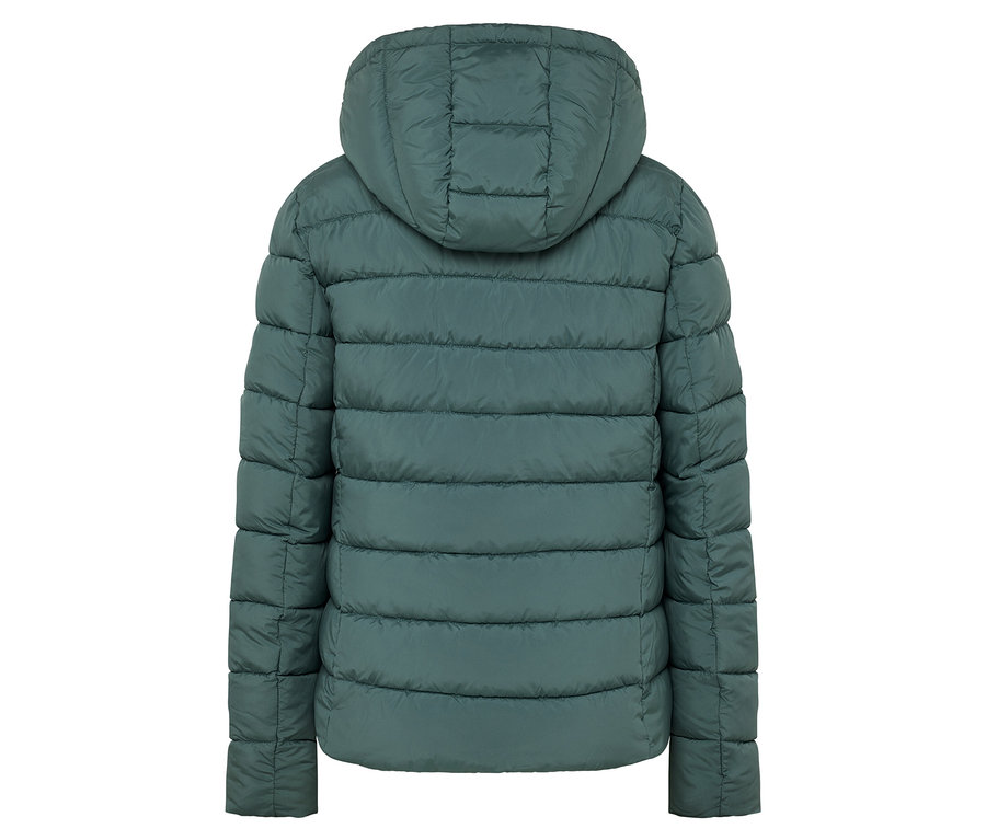 Rückansicht einer grünen Steppjacke mit Kapuze.