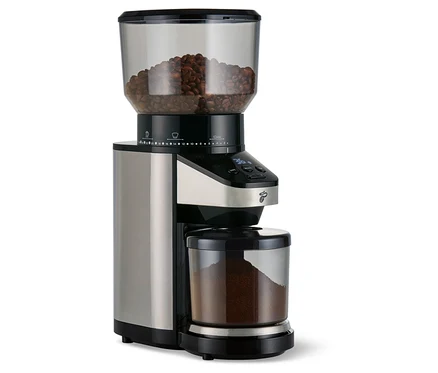 Eine elektrische Kaffeemühle mit Waage. Oben befindet sich ein durchsichtiger Behälter mit Kaffeebohnen. Unten befindet sich ein Behälter mit gemahlenem Kaffee.