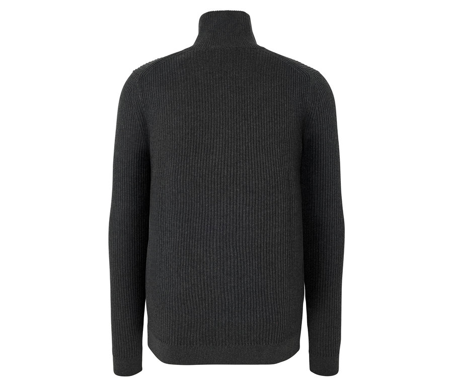 Rückansicht einer Strickjacke, anthrazit meliert.