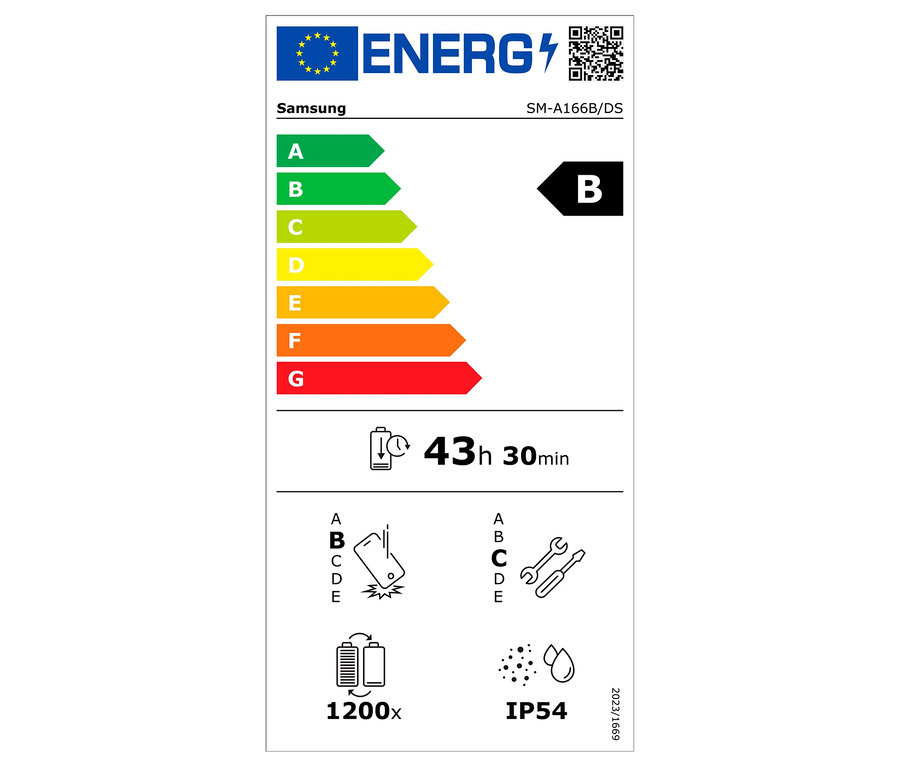 Samsung Energieetikett mit B-Klasse, 43h 30min Akkulaufzeit und IP54-Schutz.