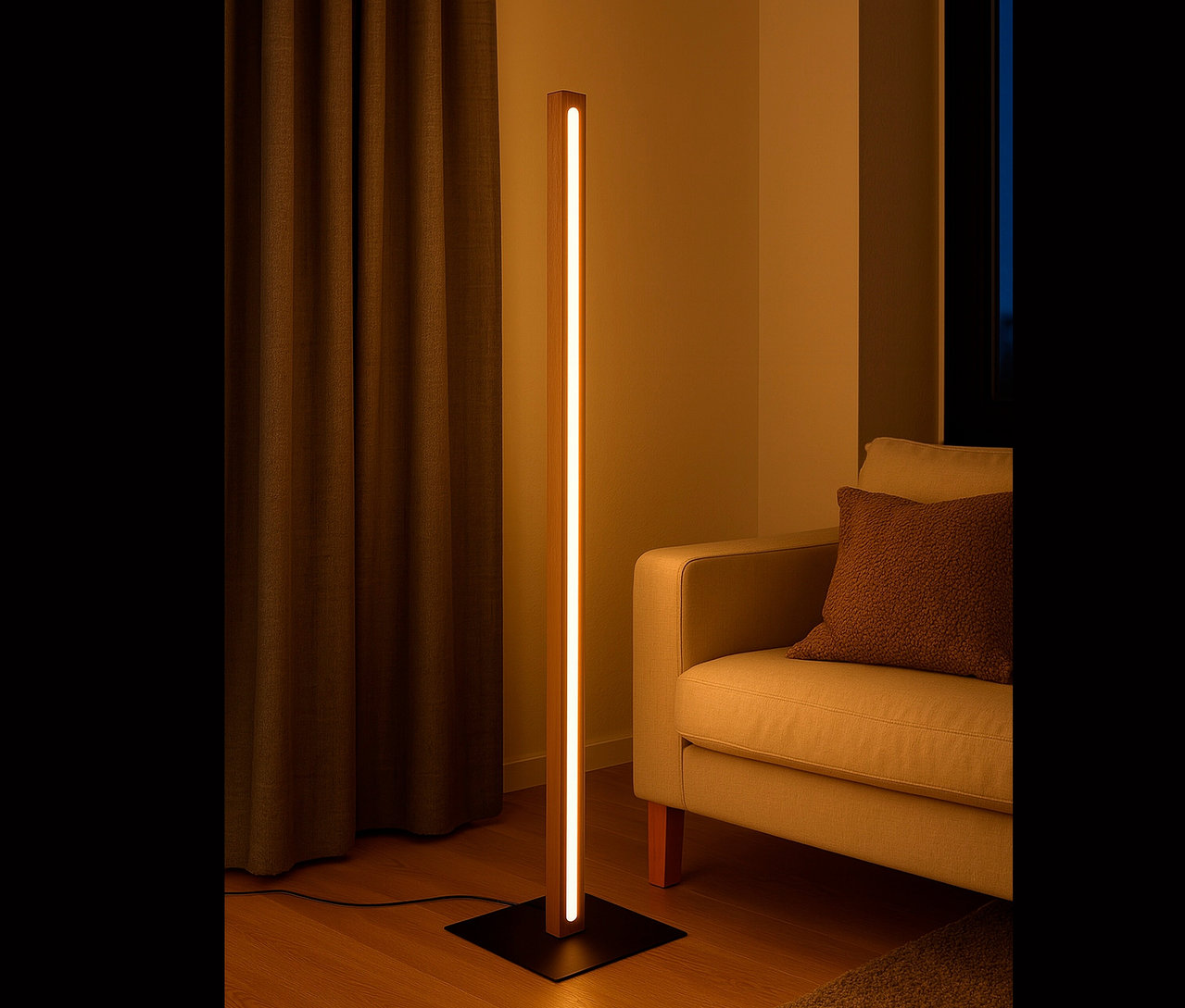 Im Wohnzimmer steht eine Holzsäulenlampe mit schwarzem Sockel neben einem cremefarbenen Sofa mit einem braunen Kissen.