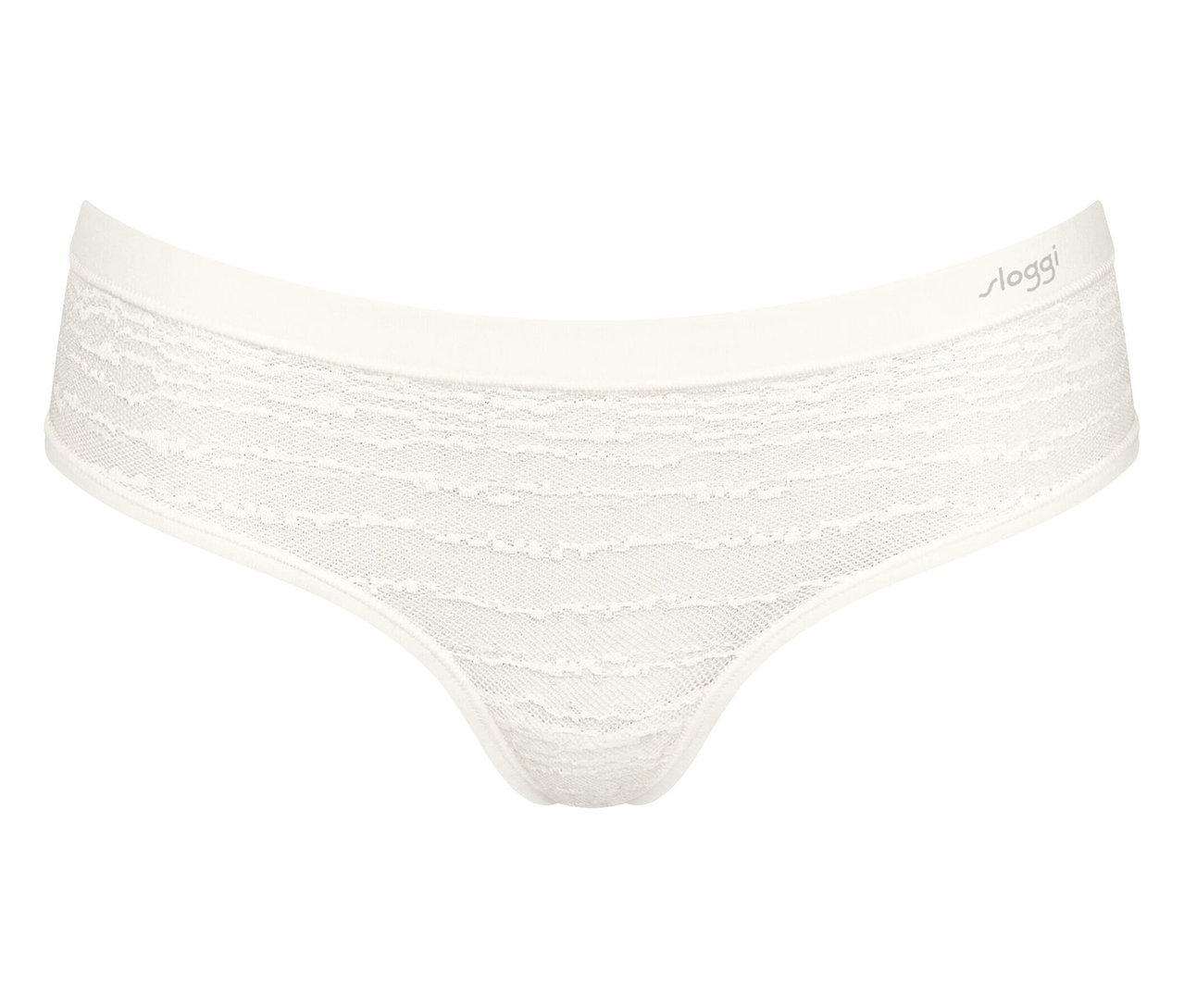 Weißer Damen-Slip mit Spitzenmuster.