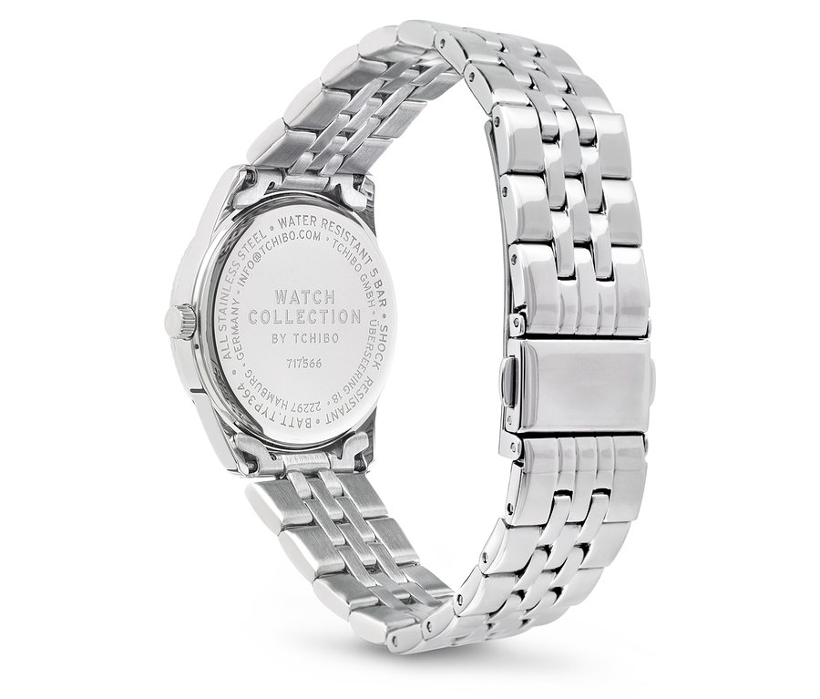 Detail einer silbernen Uhr mit Metallarmband.