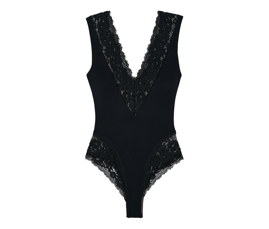 Schwarzer Passionata Body »Nina« mit Spitzenbesatz an V-Ausschnitt und Beinausschnitt.