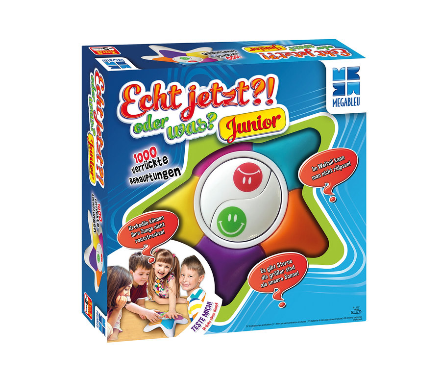 Verpackung des Spiels »Echt jetzt?!« Junior. Auf der Verpackung sind Kinder abgebildet, die das Spiel spielen.