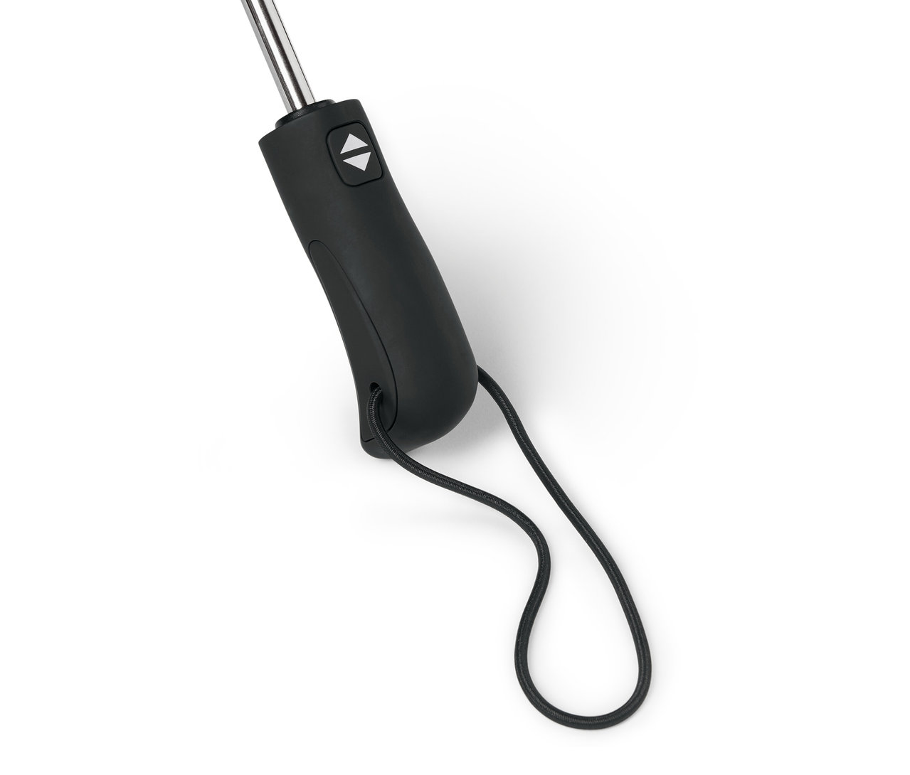 Detailansicht eines Automatik-Taschenschirms mit schwarzem Griff und Handschlaufe.