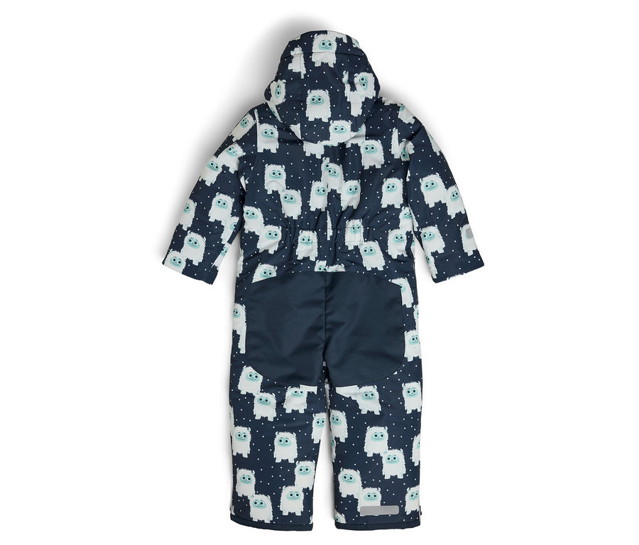 Rückansicht eines Kinder-Schneeanzugs mit Kapuze, bedruckt mit weißen Schneemännern auf dunkelblauem Grund.