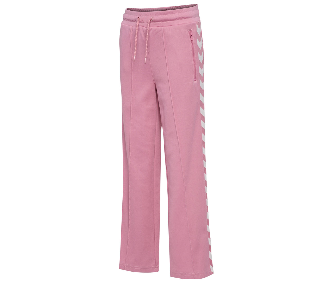 Rosa HUMMEL HMLJR Archive Wideleg Poly Pants mit breitem Bein und weißen Streifen an der Seite.