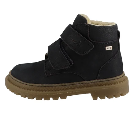 Marineblauer LURCHI »Daniele-TEX« Kinder-Stiefel mit brauner Sohle und Klettverschluss.