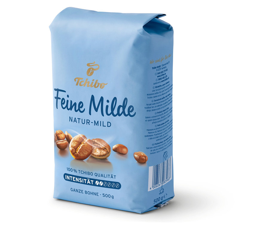 Blaue Packung Feine Milde - 500 g Ganze Bohne von Tchibo.