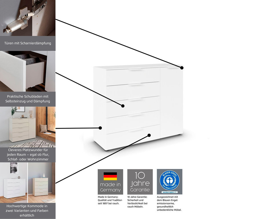 Detailaufnahmen einer weißen Kommode mit fünf Schubladen und einem Schrankfach. Gezeigt werden Türscharniere mit Dämpfung, praktische Schubladen mit Selbsteinzug und Dämpfung. Die Kommode ist hochwertig und in zwei Varianten und Farben erhältlich.
