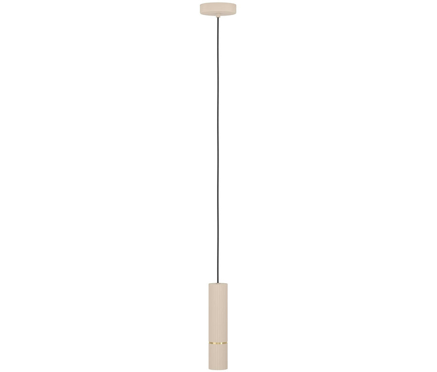 Eine hängende, beige, zylindrische Lampe mit einem schwarzen Kabel.