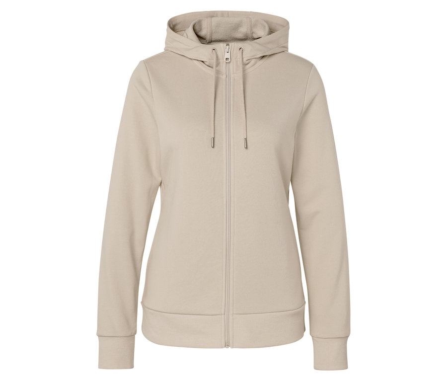 Beige Kapuzenjacke mit Reißverschluss in der Mitte.