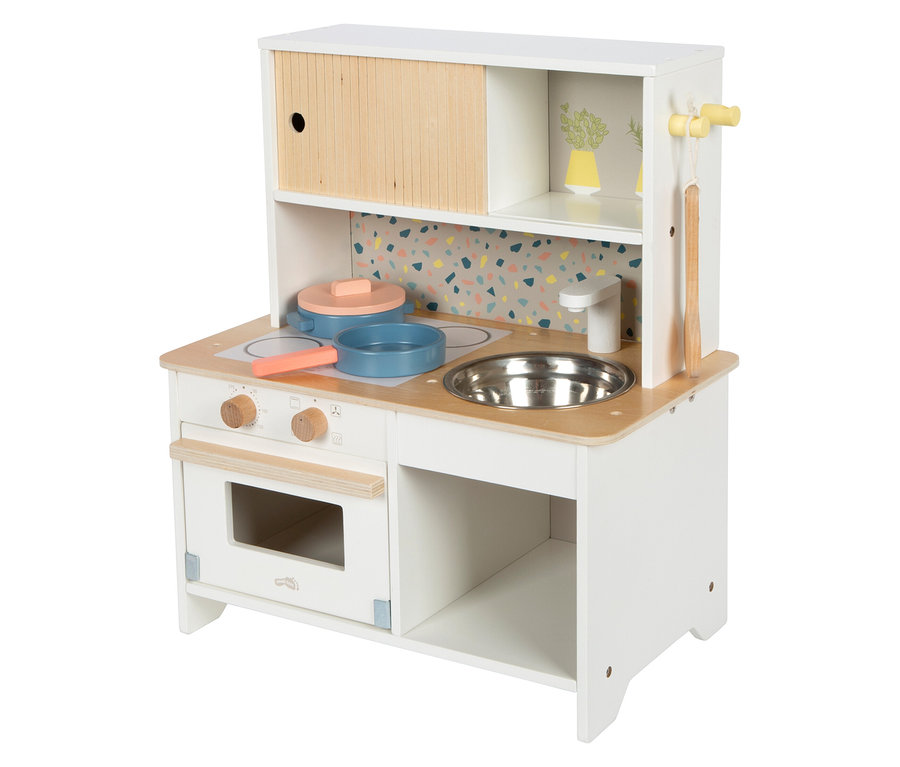 Die small foot Kinderküche »Terrazzo« in Weiß und Holzoptik mit Kochfeld, Spüle und Ofen.
