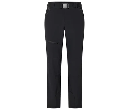 Schwarze Hose mit Gürtel und einer Reißverschlusstasche am linken Bein.