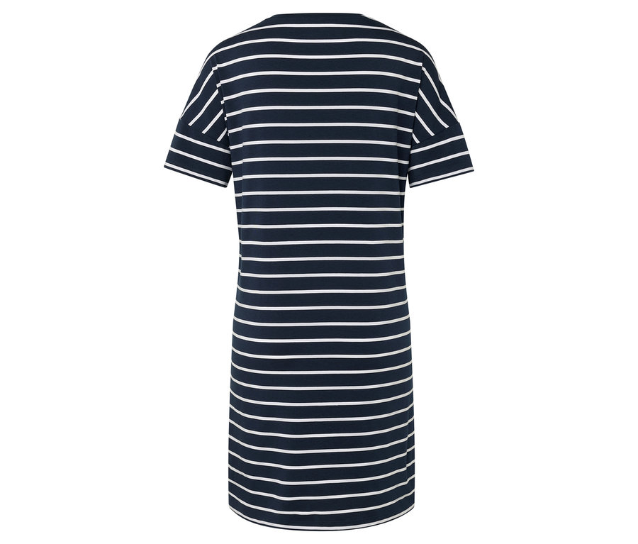 Rückansicht eines blau gestreiften T-Shirt-Kleids.