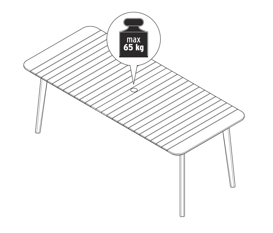 Eine Zeichnung von einem doppelt ausziehbaren Teak-Tisch. Über dem Tisch befindet sich eine Sprechblase mit einem maximalen Gewicht von 65 kg.