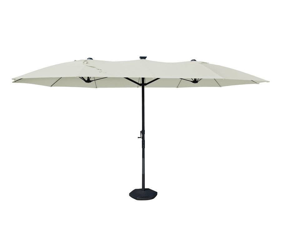 Beiger LECO Doppel-Sonnenschirm* mit LED-Beleuchtung, oval, ca. 270 x 460 cm.