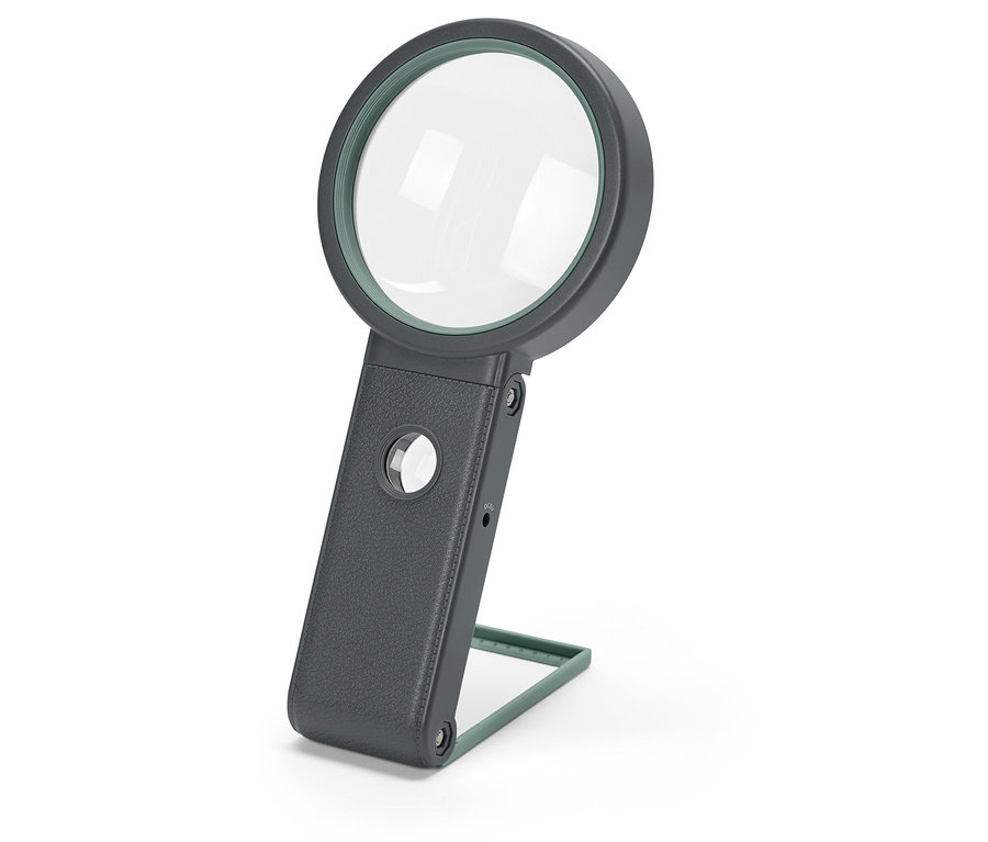 Nahaufnahme einer LED-Arbeitslupe mit Ständer.