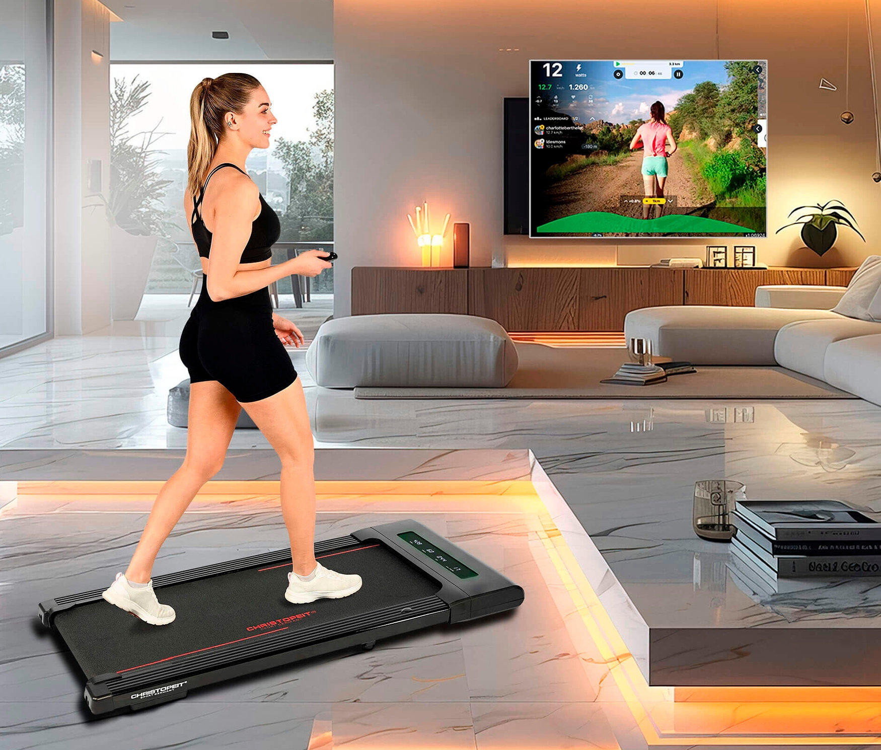 Frau geht auf Walking-Pad »4.1« im Wohnzimmer.