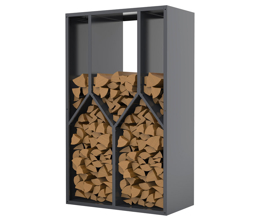 Ein graues Holzregal ist mit Holzscheiten gefüllt.