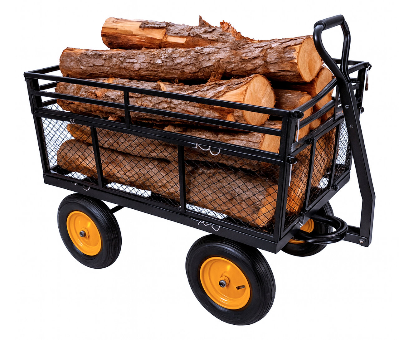 Ein schwarzer Bollerwagen mit gelben Rädern ist mit Holzscheiten beladen.
