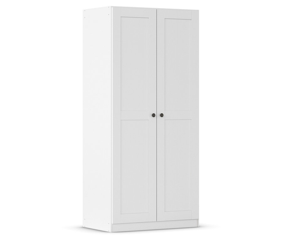 Weißer, schmaler Kleiderschrank mit zwei Türen und runden Griffen steht vor einem weißen Hintergrund.