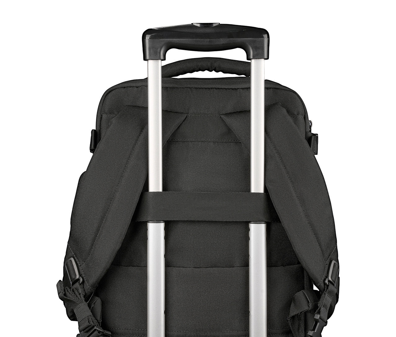 Schwarzer Rucksack mit Trolley-Griff und silbernen Stangen.