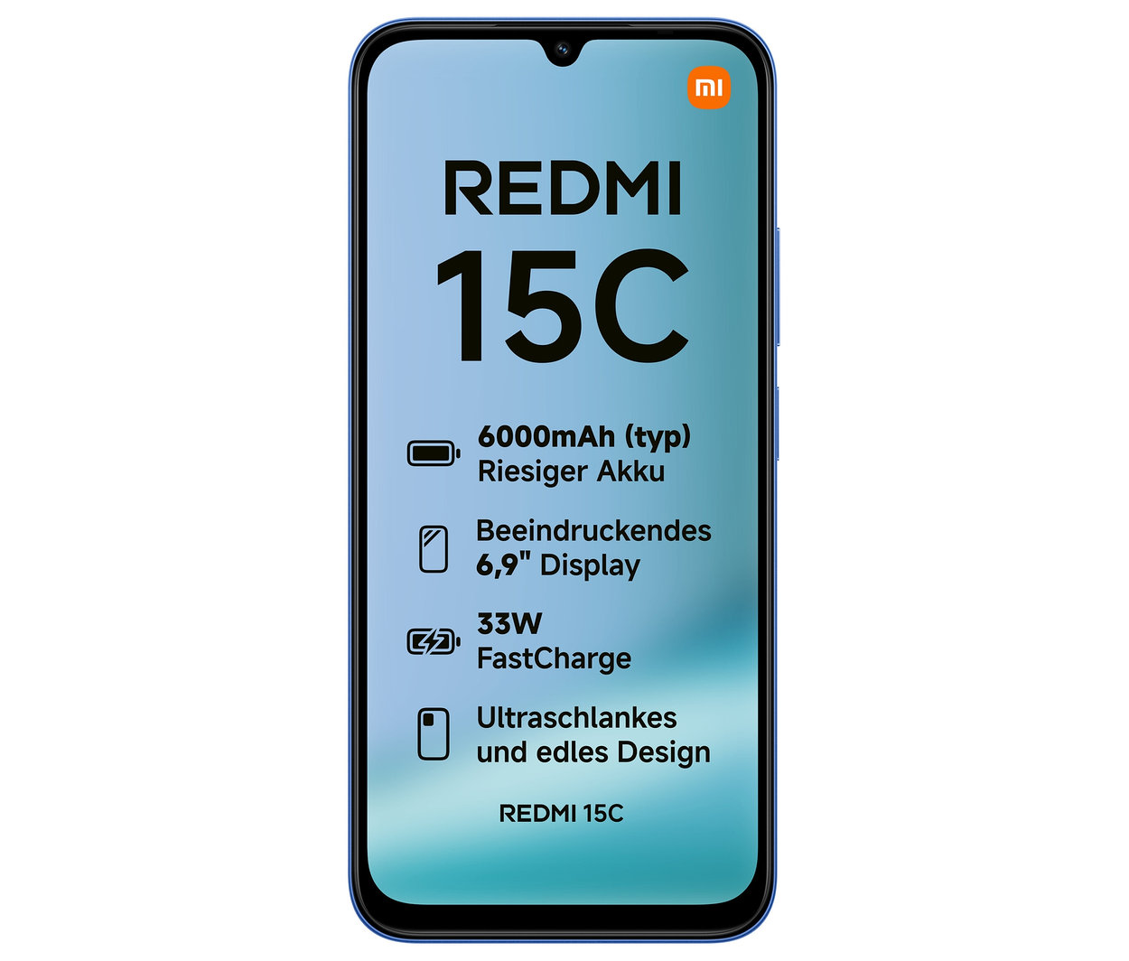 Das Xiaomi Redmi 15C 128 GB Moonlight Blue Smartphone wird auf dem Bildschirm angezeigt.
