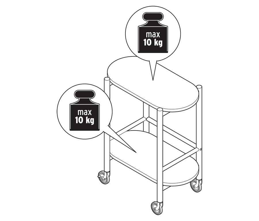 Illustration eines Barwagens aus Massivholz mit 2 Ebenen, mit Hinweisen zum maximalen Gewicht.