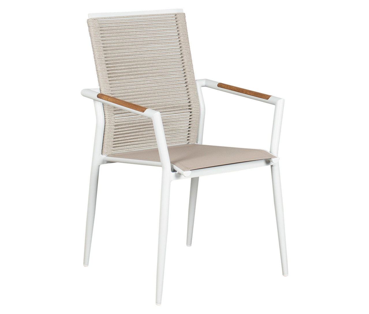 Ein DeVries Stapelstuhl aus einem 2er-Set oder einem DeVries Dining-Set steht vor einem weißen Hintergrund.