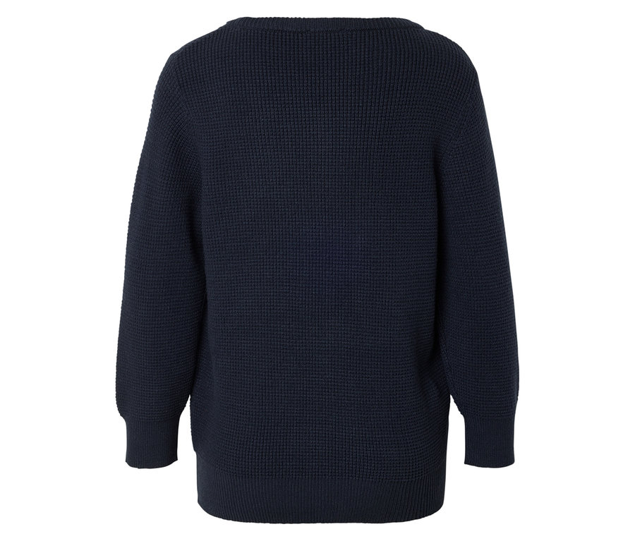 Rückansicht eines marineblauen Strickpullovers mit Rundhalsausschnitt.