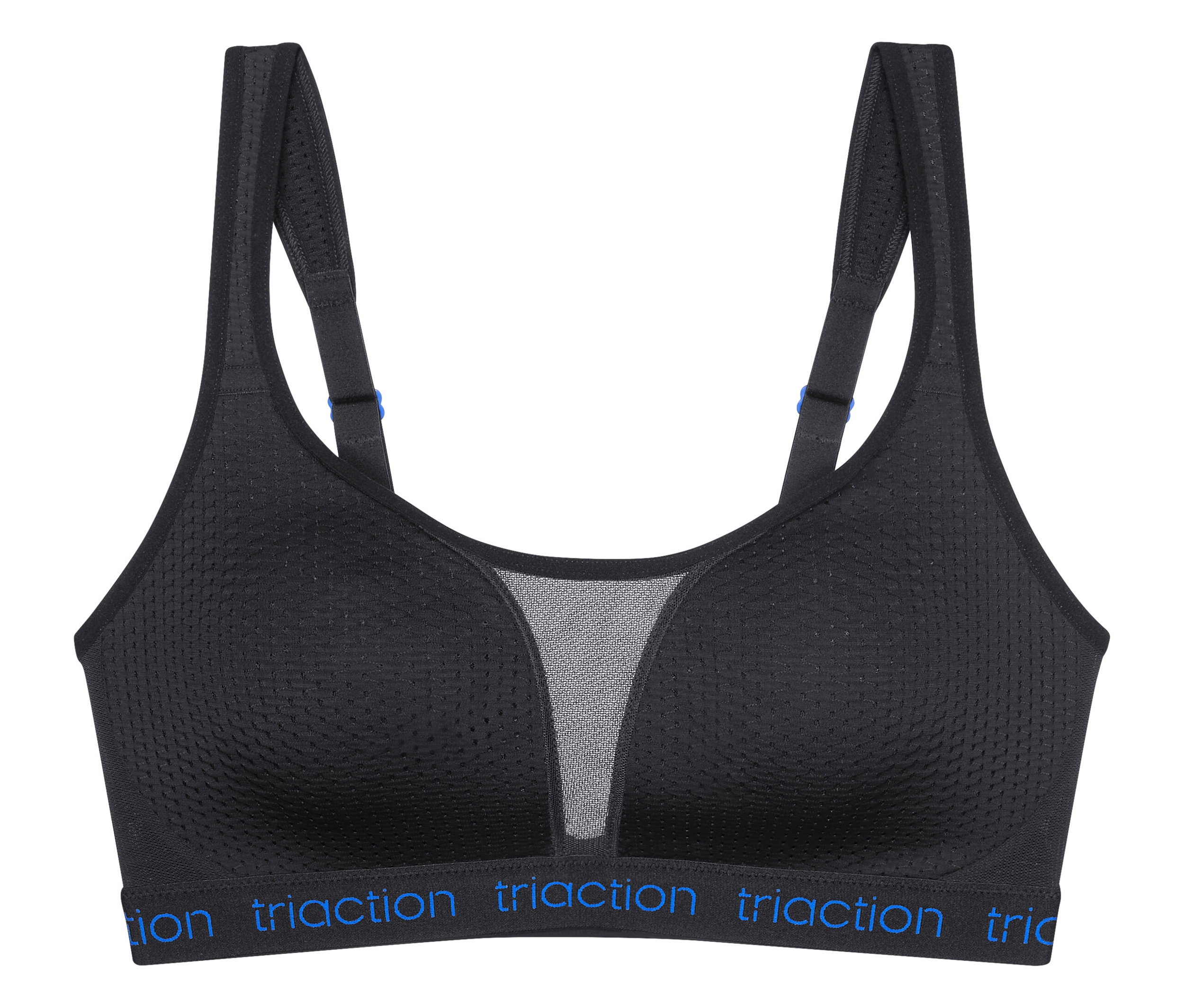 Schwarzer Sport-BH mit Mesh-Einsatz und blauem 'Traction'-Schriftzug auf dem Unterbrustband.