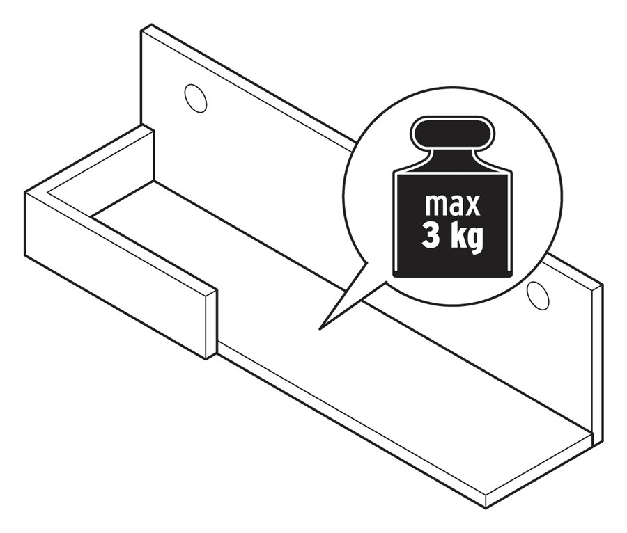 Draufsicht auf ein 3er-Regal-Set aus Massivholz mit einer Sprechblase, die ein Gewicht mit der Aufschrift "max 3 kg" zeigt.