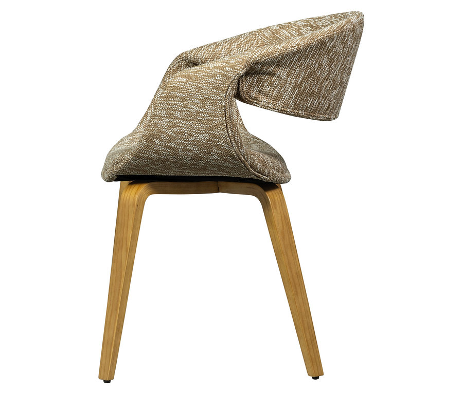 Ansicht eines einzelnen WOOOD »Yossi« Esszimmerstuhls im 2er-Set mit naturfarbenem Holzfuß und sandfarbenem Bezug.