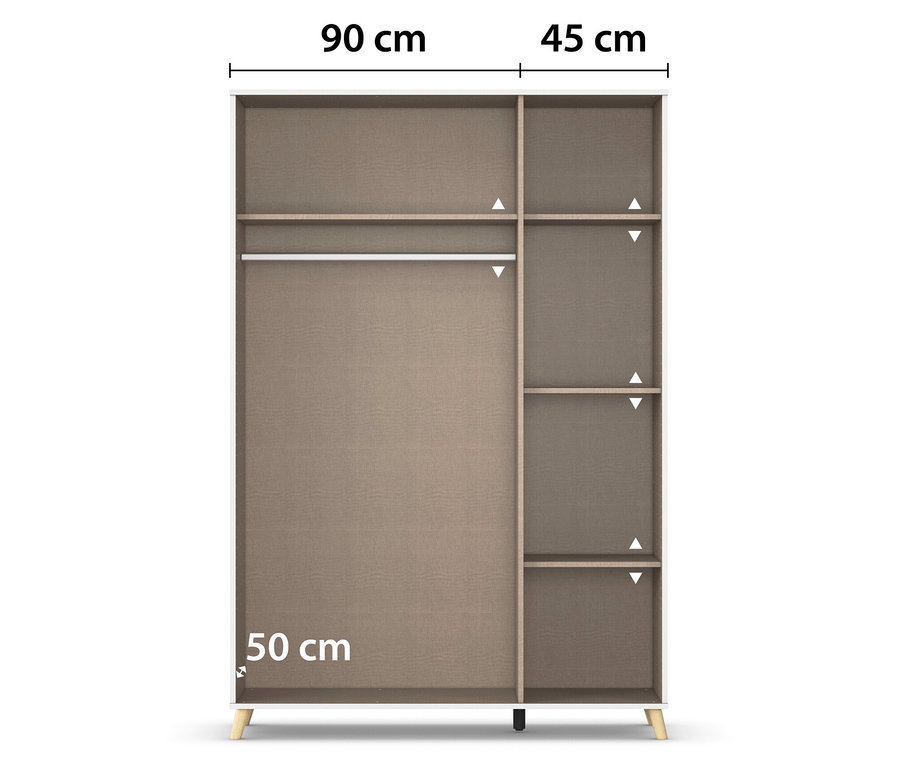 Brauner Kleiderschrank mit 90 cm Breite und einem Regalteil mit 45 cm Breite.