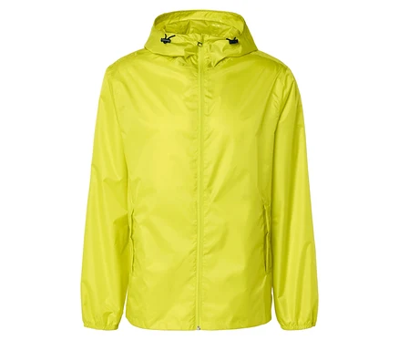 Hellgelbe, leichte Regenjacke mit Kapuze, Reißverschluss und Taschen.