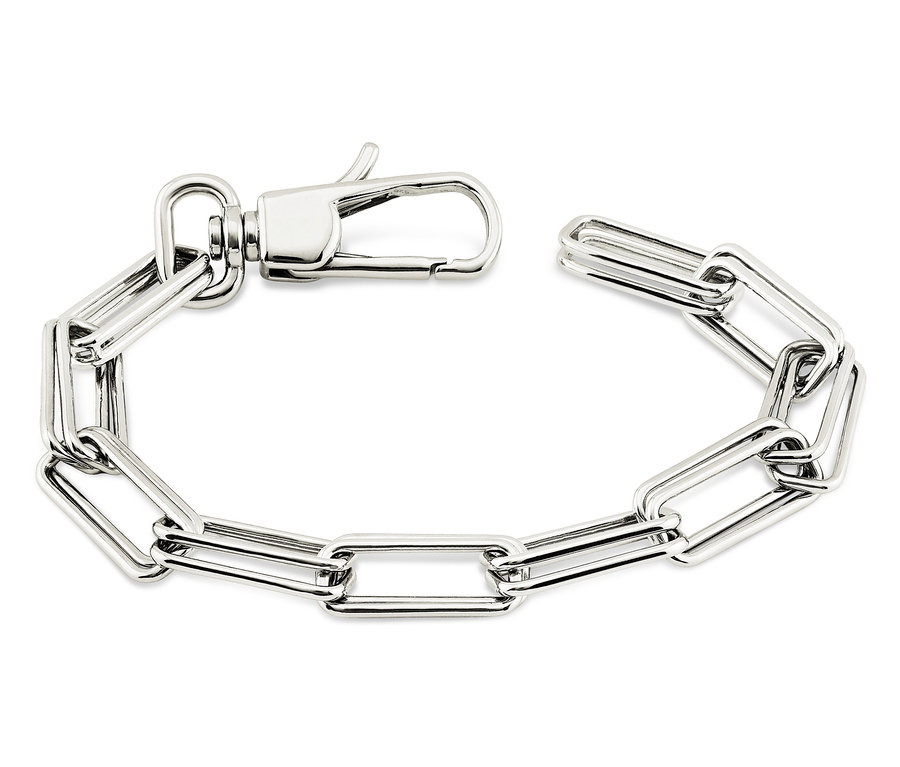Nahaufnahme eines rhodinierten 925er Sterlingsilber-Gliederarmbands mit Karabinerverschluss.