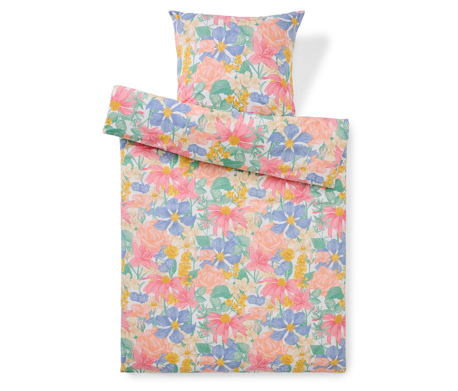 Bettwäschegarnitur mit Blumenmuster, bestehend aus einem Kissenbezug und einem Bettbezug.