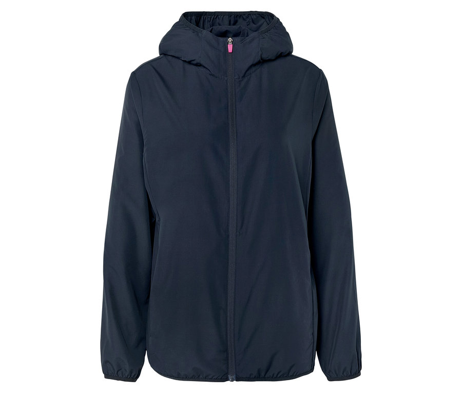 Eine marineblaue Jacke mit Kapuze und pinkfarbenem Reißverschluss ist vor einem weißen Hintergrund zu sehen.
