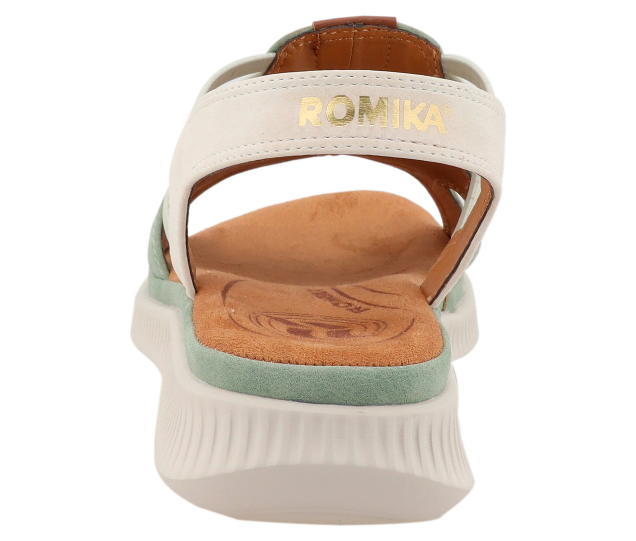 Rückansicht einer Romika Sandale mit weißen Riemen, grünem Akzent und beiger Sohle.