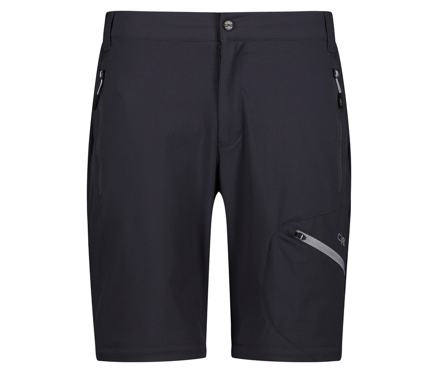 Nahaufnahme von schwarzen Shorts mit Taschen und Reißverschlüssen.