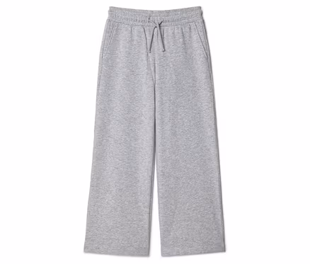 Graue, weite Stoffhose mit Kordelzug und Taschen, liegend auf weißem Hintergrund.