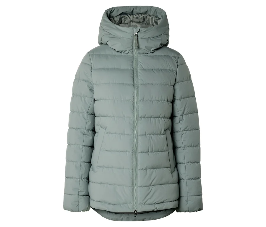 Graue, gesteppte Daunenjacke mit Kapuze und Reißverschluss vorne.